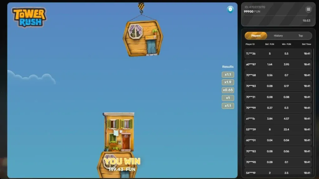 Rush games interface displaying real-time tower upgrades and power-ups